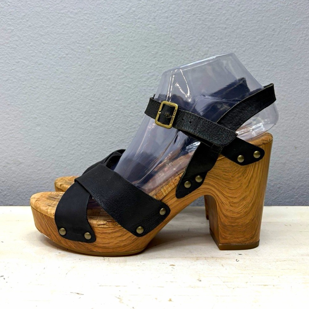 Kork-Ease Black Leather Drew Block Platform Heel Sling Back Sandals Size 8